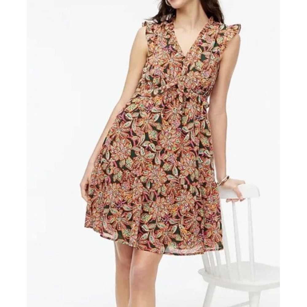 J Crew NWT Forest Green & Pink Floral Flutter Sleeve Tiered Mini Dress Size 2‎